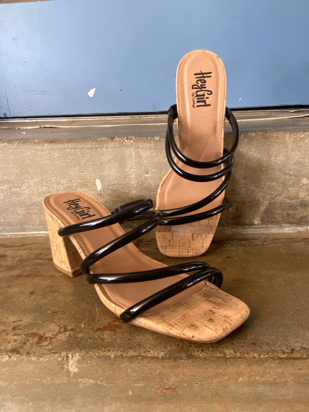 Hey Girl by Corky’s “ Dreamy” black patent sandals with cork wrapped block heel